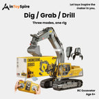 Yellow RC excavator toy with dig, grab, and drill modes, remote control, engineering series for ages 6+