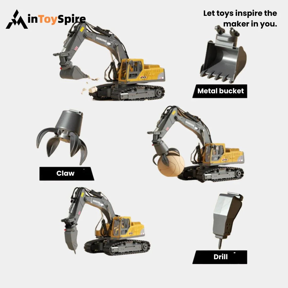 Yellow toy excavator with interchangeable metal bucket, claw, and drill attachments on white background