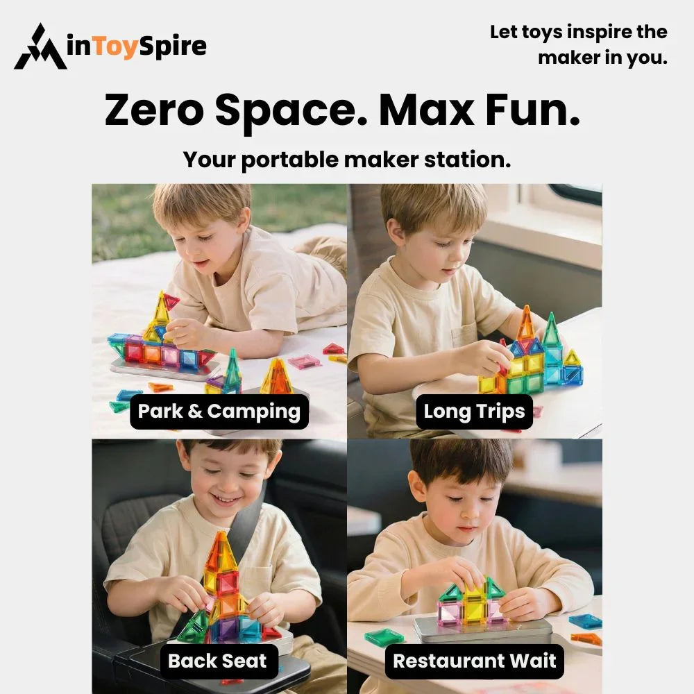 Children playing with colorful magnetic building toys in various settings like park, car back seat, and restaurant