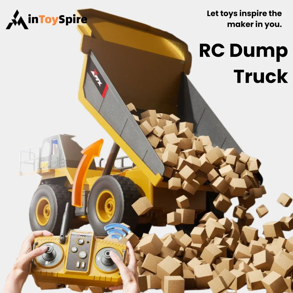 Yellow remote-controlled dump truck unloading small cardboard boxes with hands holding RC controller