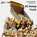 Yellow remote-controlled dump truck unloading small cardboard boxes with hands holding RC controller