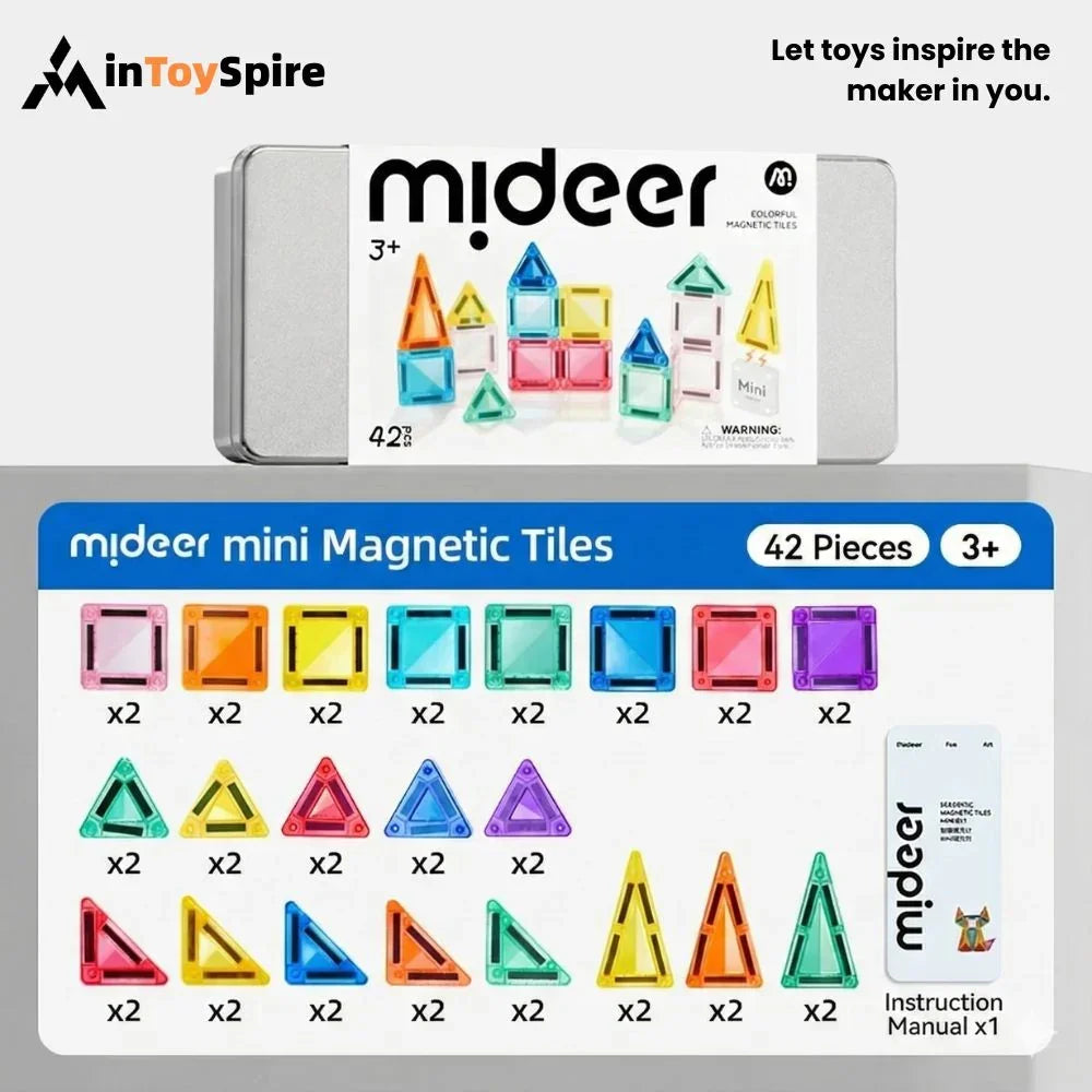 Mideer mini magnetic tiles set with 42 colorful building pieces for kids 3+, includes instruction manual