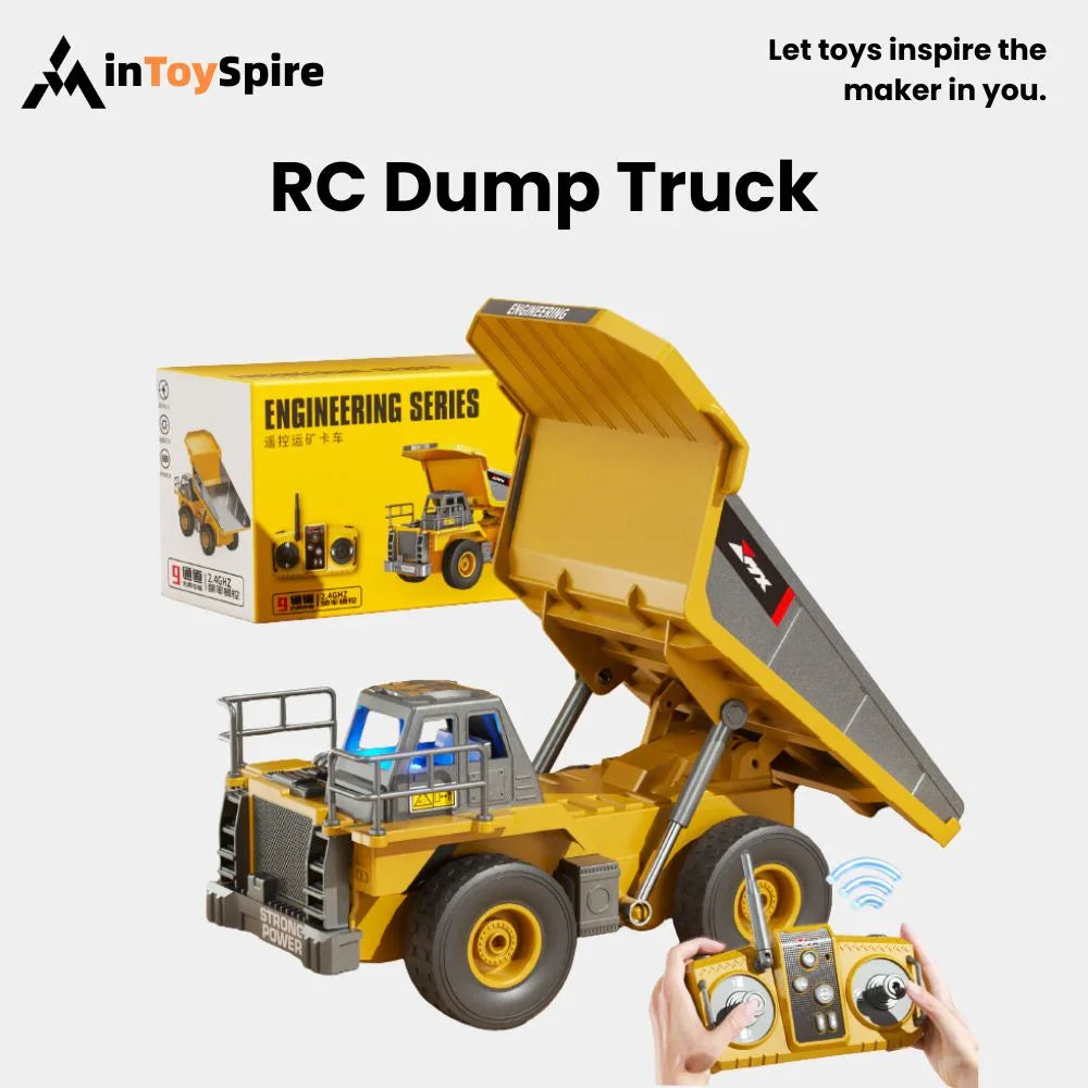 Yellow RC dump truck toy with remote control and yellow engineering series box