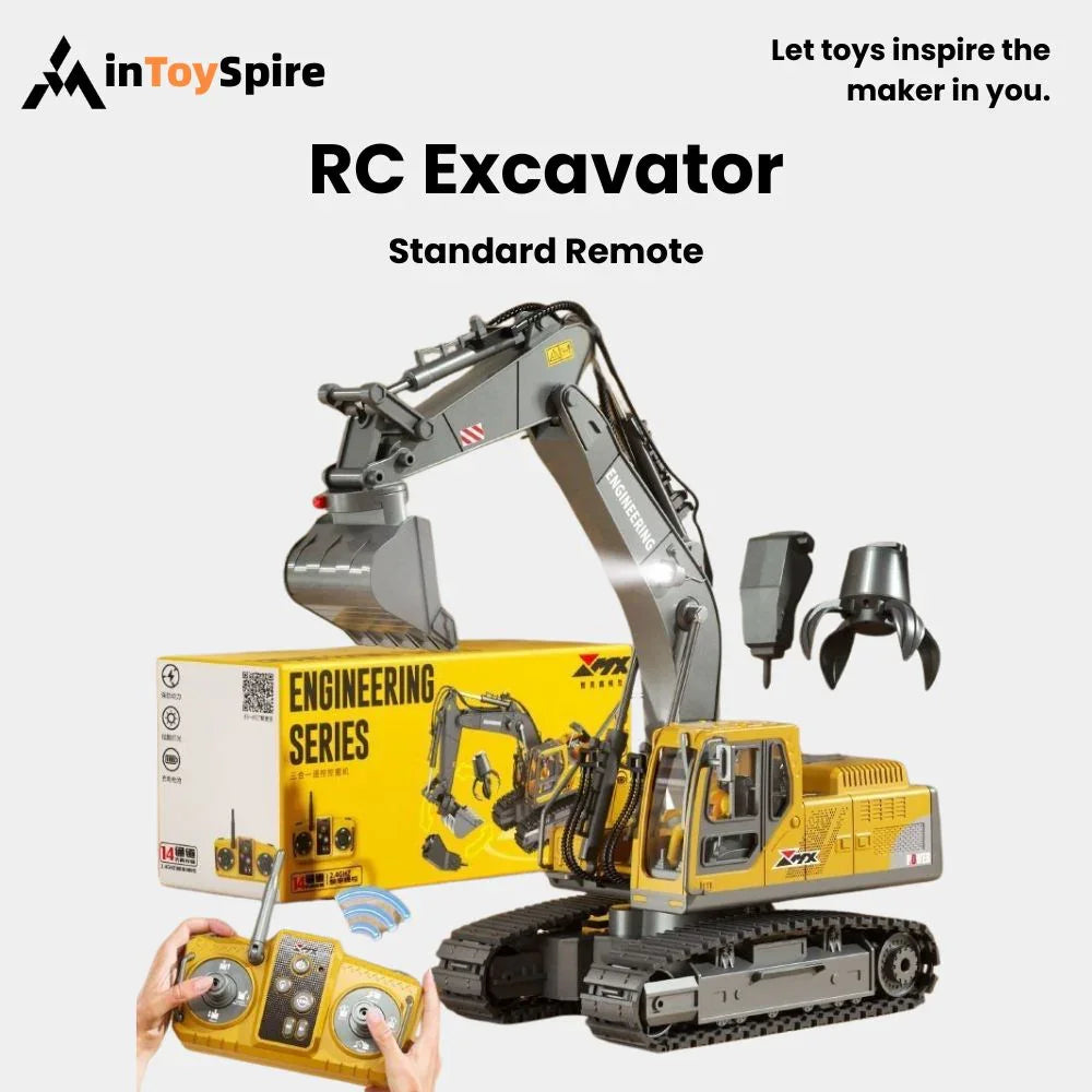 Yellow and gray RC Excavator toy with standard remote and extra claw attachment from Engineering Series