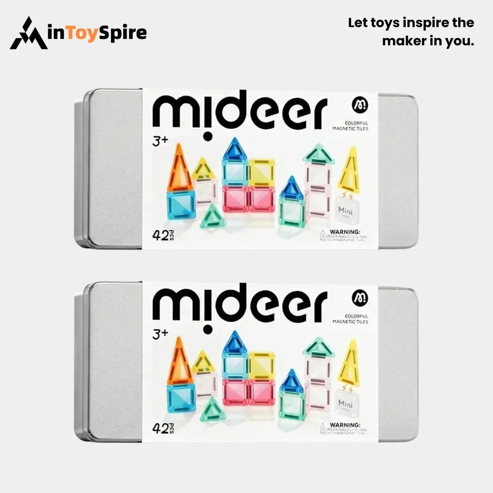 Mideer colorful magnetic tiles toy kit in silver box, 42 pieces for ages 3+, displayed with toy houses