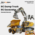 Yellow RC dump truck and excavator toys with remote control and grabber attachment