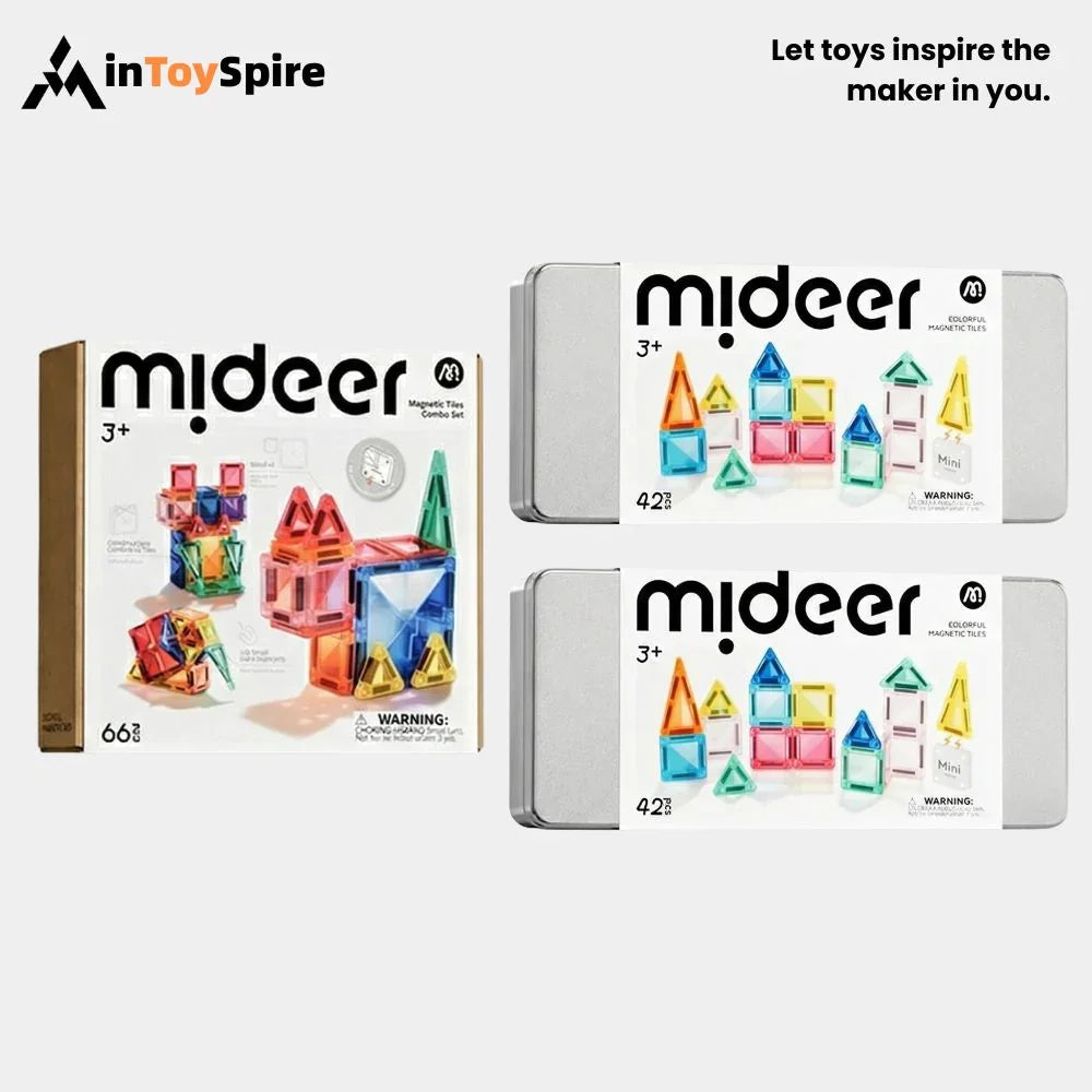 Mideer colorful magnetic tile toy sets for kids aged 3+, including 66 and 42 piece combo packs