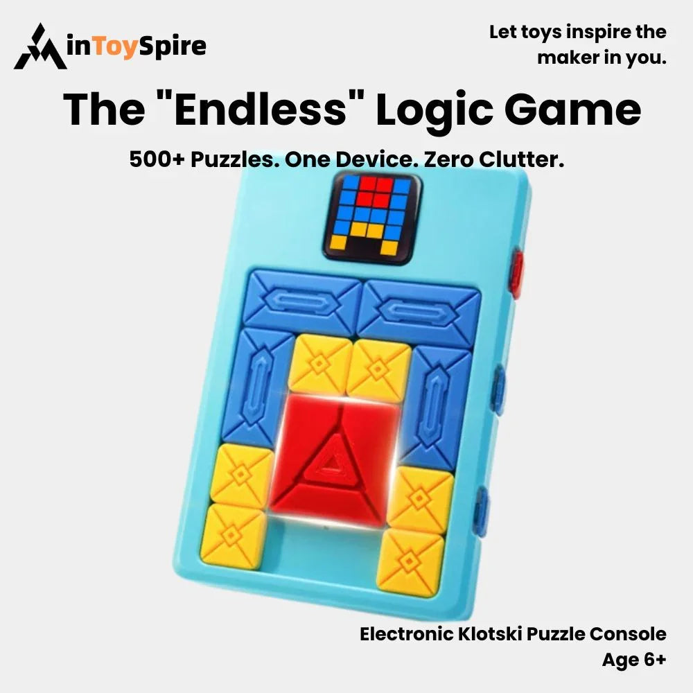 Electronic Klotski puzzle console with colorful blue, yellow, and red sliding blocks on a light blue base