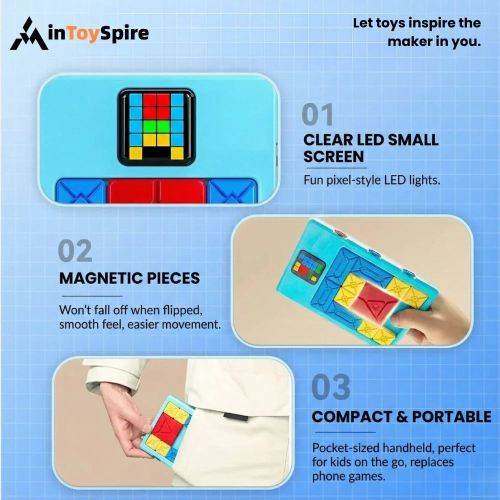 Electronic Klotski puzzle console with LED screen, magnetic pieces, and compact portable design