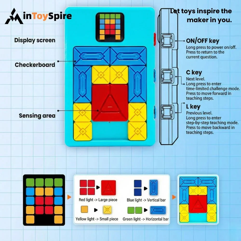InToySpire electronic Klotski puzzle console with colorful blue, red, yellow pieces and control keys on blue grid background