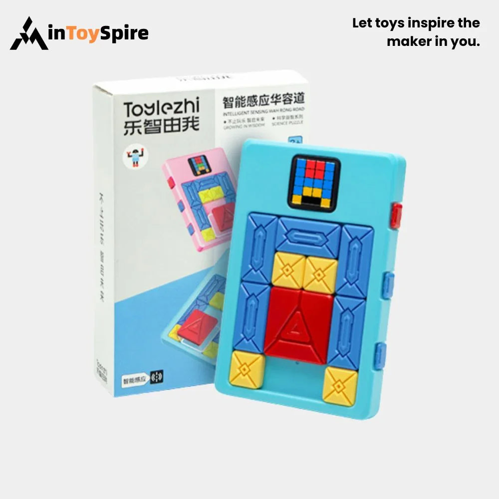 electronic block sliding puzzle with colorful geometric pieces and packaging box