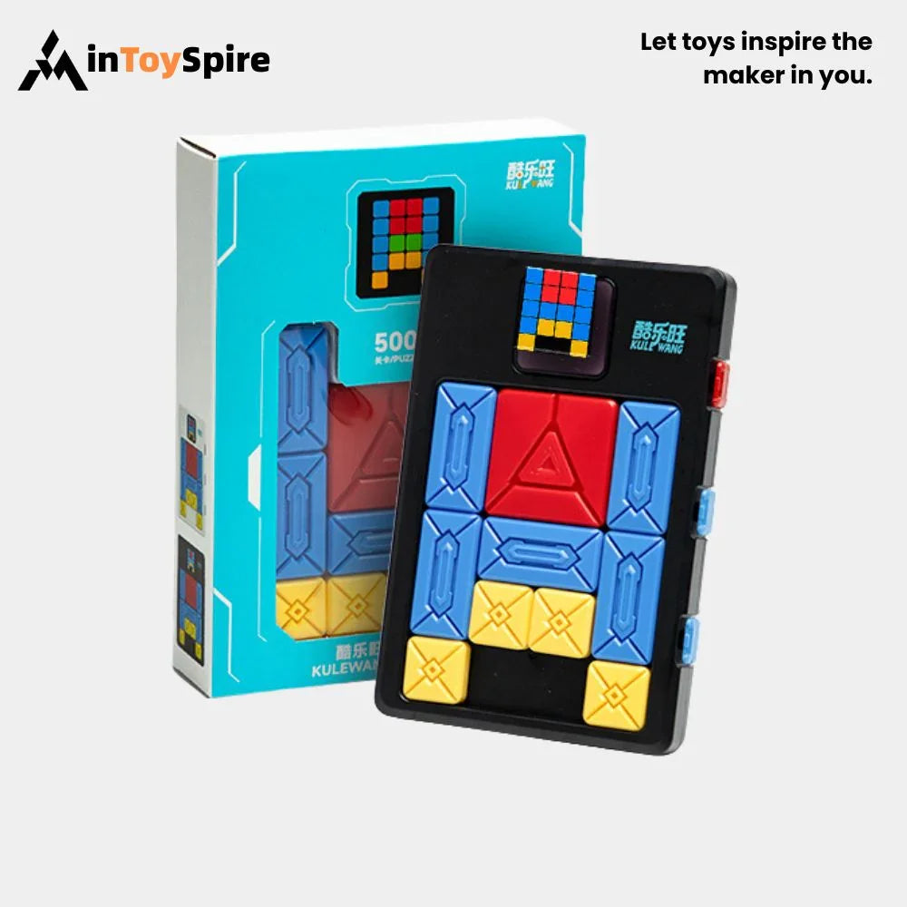 Electronic Klotski puzzle game with colorful blue, yellow, and red blocks on black console with blue packaging