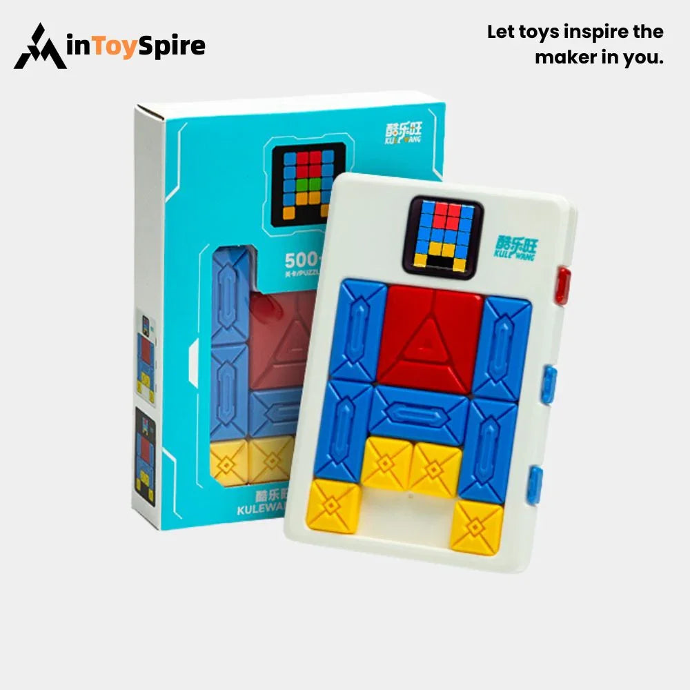 Electronic Klotski puzzle console with blue, red, and yellow sliding blocks and turquoise packaging box
