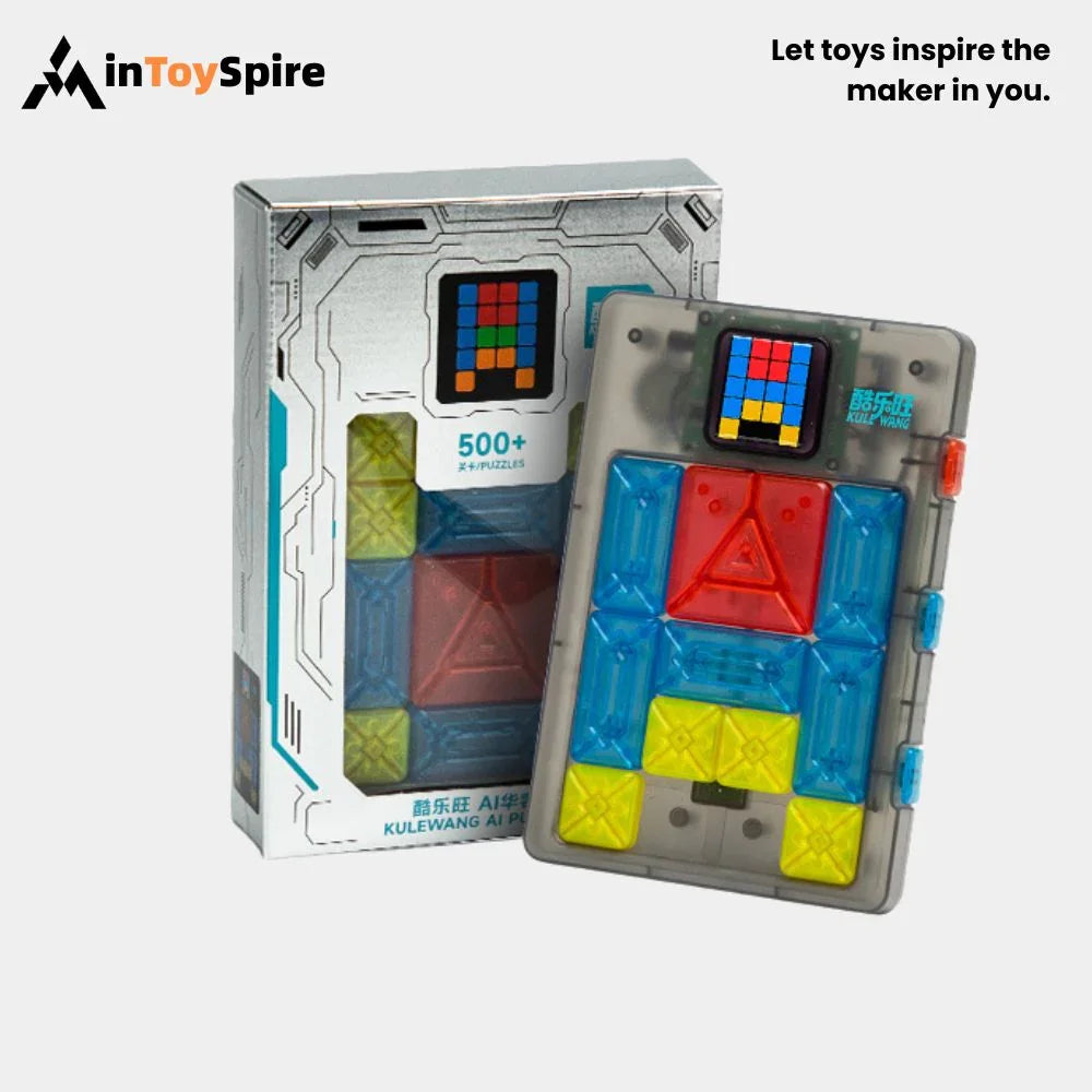 Electronic Klotski puzzle console with colorful red, blue, and yellow blocks and packaging box