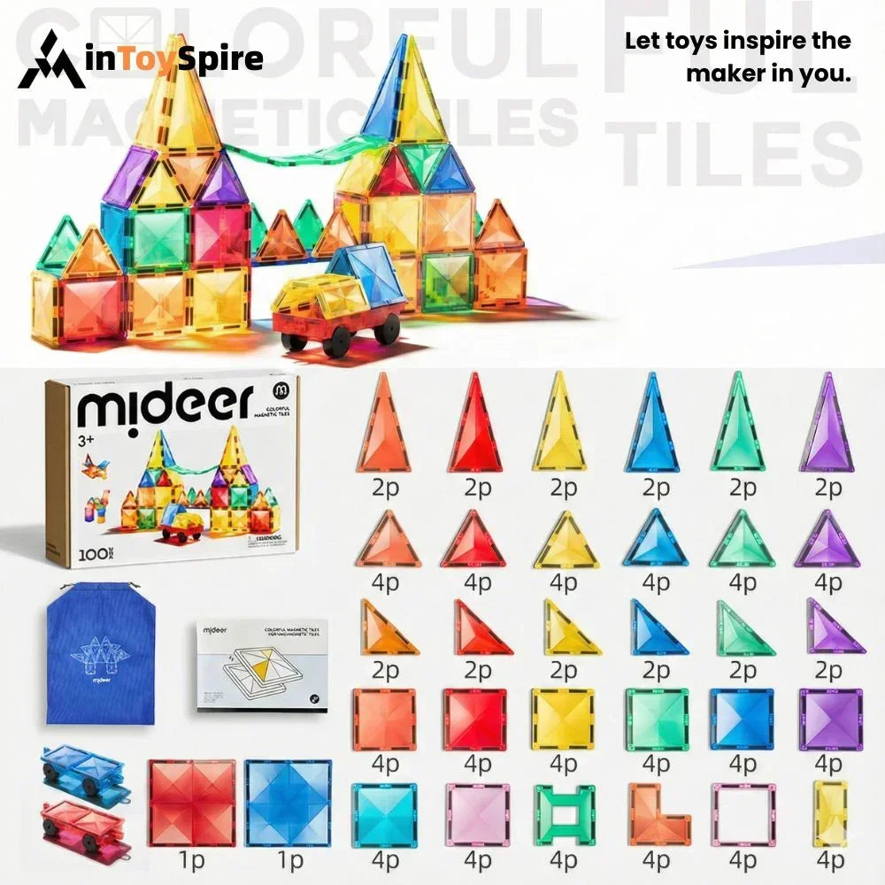 Colorful Mideer stained glass magnetic tiles set with various shapes, a toy car, storage bag, and box