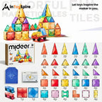 Colorful Mideer stained glass magnetic tiles set with various shapes, a toy car, storage bag, and box