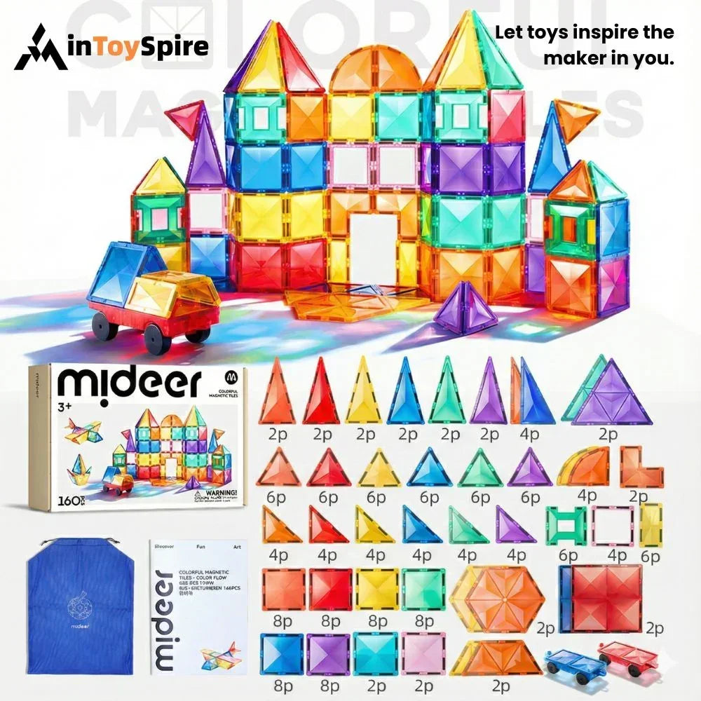 Colorful Mideer magnetic building tiles set with castle model, toy cars, and storage bag