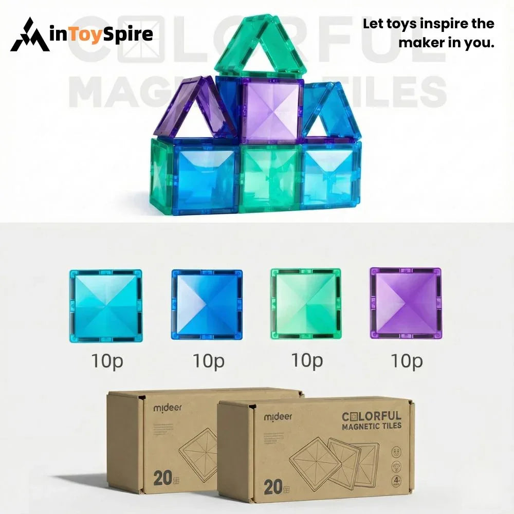 Colorful Mideer magnetic tiles in blue, green, and purple arranged as a house with packaging boxes