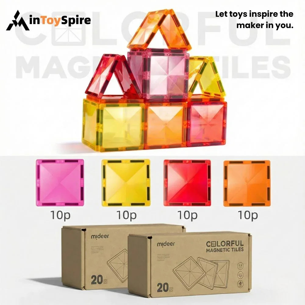 Colorful magnetic building tiles in pink, yellow, red, and orange with two 20-piece boxes